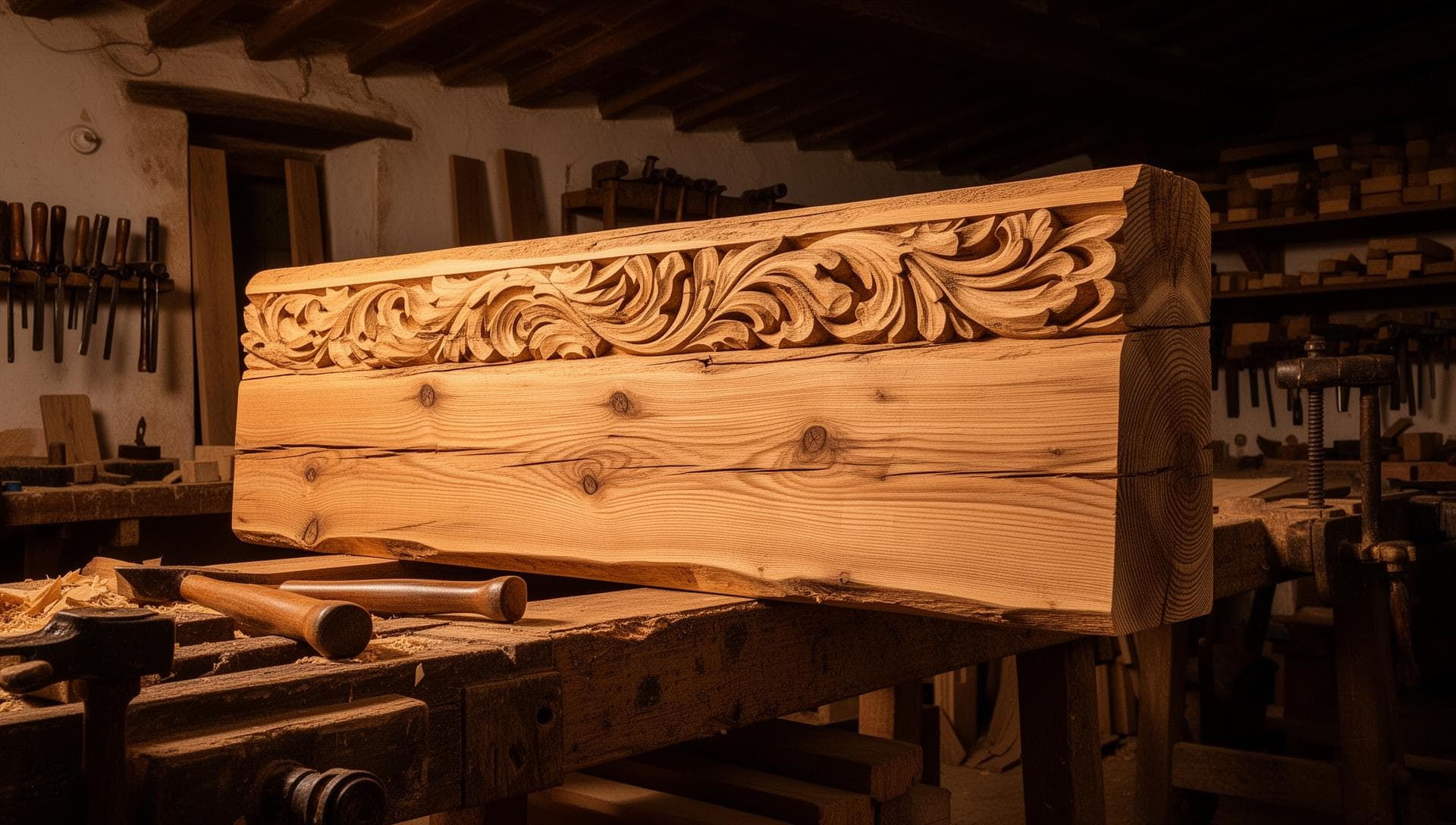 Opere artigianale d'arte in travi di legno